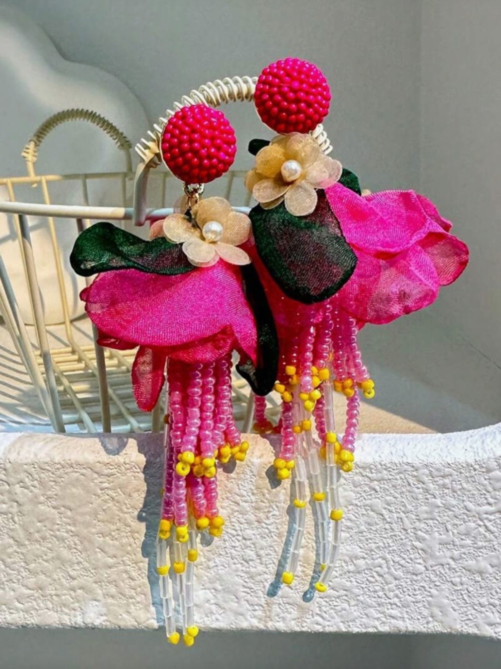 NWOT Pink Floral Beaded Statement Earrings Fringe Flower Earrings
